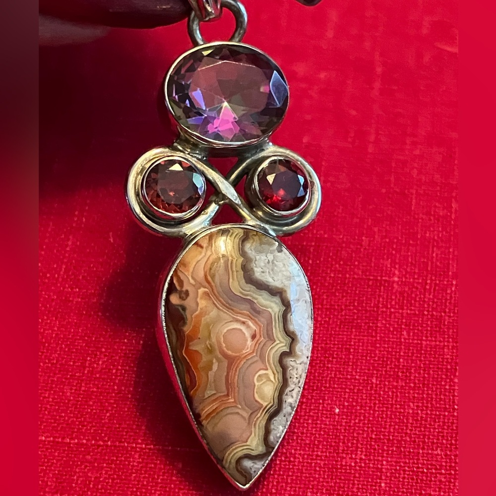 Artisan Created Sterling Pendant with Mexican Laguna Lace, Garnet, Rainbow Topaz